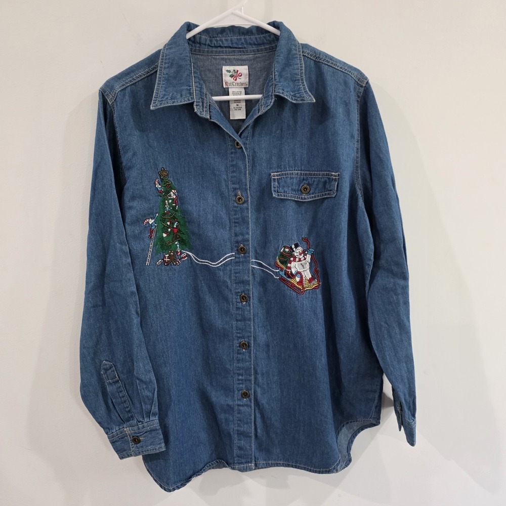 Nut Cracker Womens Ugly Christmas Chambray Button Up Shirt Sz Medium Embroidered